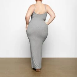 SOFT LOUNGE SHIMMER LONG SLIP DRESS | HEATHER GREY -Underwear Specialty Shop SKIMS LOUNGEWEAR AP DRS 0596 XB HGF 0013 BK
