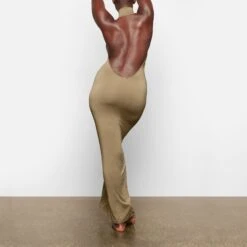 SMOOTH LOUNGE LOW BACK HALTER DRESS | KHAKI -Underwear Specialty Shop SKIMS LOUNGEWEAR AP DRS 2042 TA KHK 0017 BK