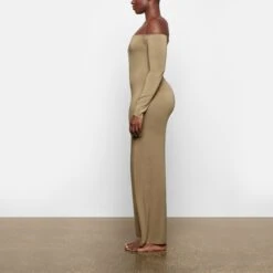SMOOTH LOUNGE OFF THE SHOULDER DRESS | KHAKI -Underwear Specialty Shop SKIMS LOUNGEWEAR AP DRS 2047 TA KHK 0007 SD