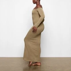 SMOOTH LOUNGE OFF THE SHOULDER DRESS | KHAKI -Underwear Specialty Shop SKIMS LOUNGEWEAR AP DRS 2047 TA KHK 0008 BK