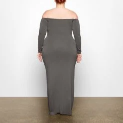 SMOOTH LOUNGE OFF THE SHOULDER DRESS | GUNMETAL -Underwear Specialty Shop SKIMS LOUNGEWEAR AP DRS 2047 TB GUN 0012 BK