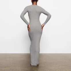 SOFT LOUNGE CREW NECK LONG DRESS | HEATHER GREY -Underwear Specialty Shop SKIMS LOUNGEWEAR AP DRS 2118 OB HEG BK