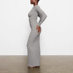 SOFT LOUNGE CREW NECK LONG DRESS | HEATHER GREY -Underwear Specialty Shop SKIMS LOUNGEWEAR AP DRS 2118 OB HEG SD