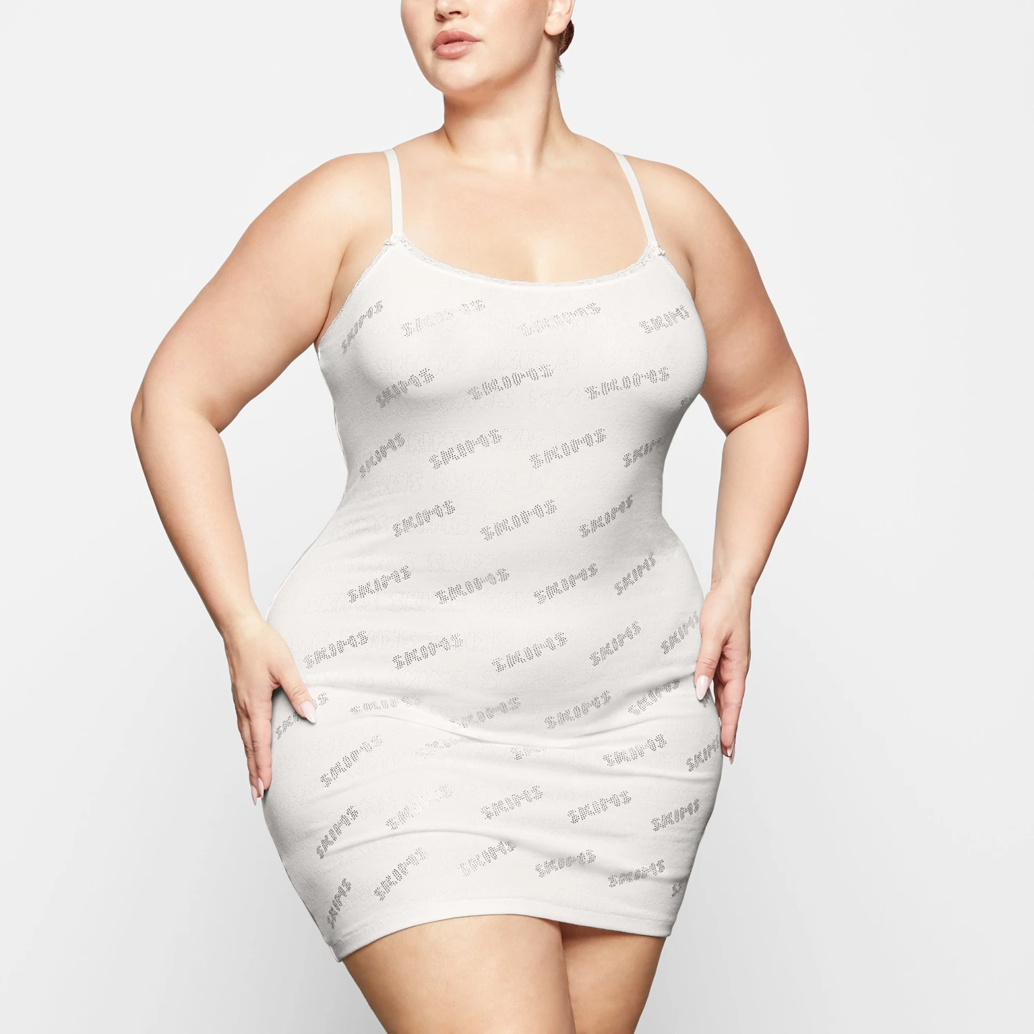 RHINESTONE LOGO POINTELLE MINI SLIP DRESS | MARBLE 4 RHINESTONE LOGO POINTELLE MINI SLIP DRESS | MARBLE - Image 2