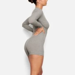 SOFT LOUNGE BUTTON UP HENLEY ONESIE | HEATHER GREY -Underwear Specialty Shop SKIMS LOUNGEWEAR BS BSS 0775 FF HEG SD