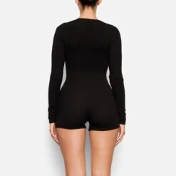 SOFT LOUNGE BUTTON UP HENLEY ONESIE | ONYX -Underwear Specialty Shop SKIMS LOUNGEWEAR BS BSS 0775 FF ONX BK