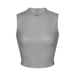 FAUX LEATHER CREW NECK CROPPED TOP | CARBON