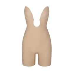 DEEP PLUNGE SHAPEWEAR MID THIGH BODYSUIT | CLAY