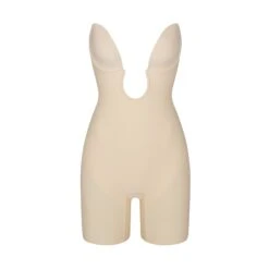 DEEP PLUNGE SHAPEWEAR MID THIGH BODYSUIT | SAND